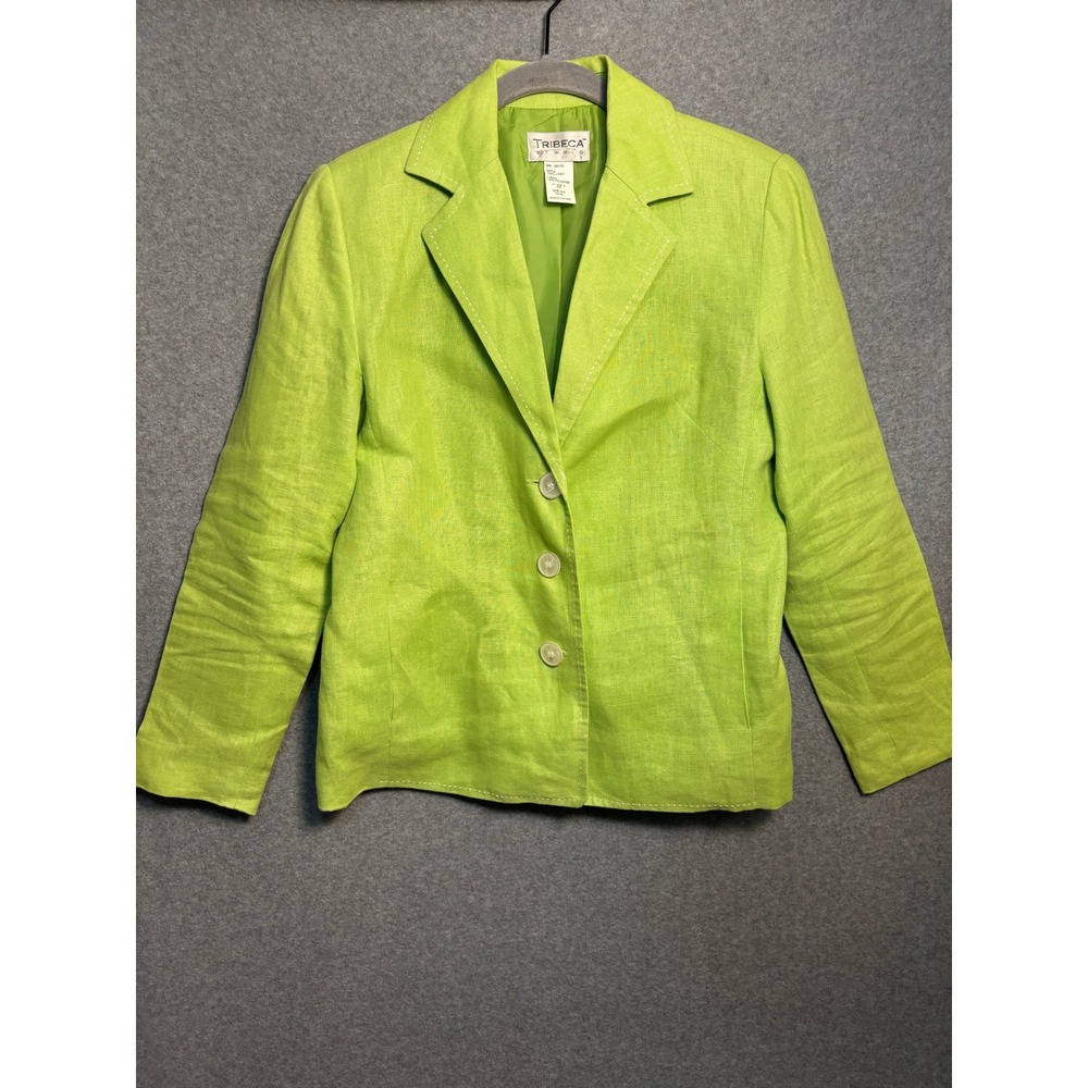 Tribeca Studio 100% Linen Blazer Womens‎ 6P Lime Green Career Jacket Petite